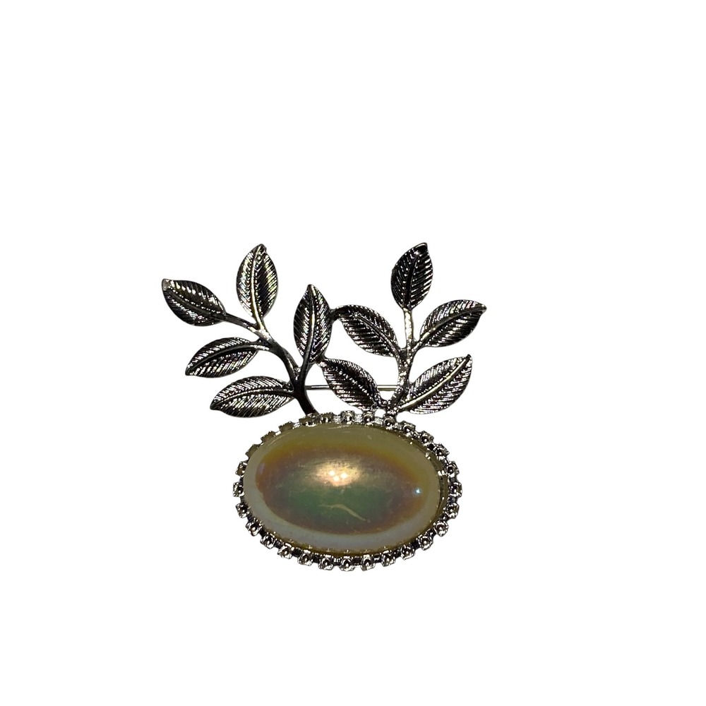 Vintage Silver Tone Leaf Brooch Faux Opal Iridescent Oval Stone Botanical Pin